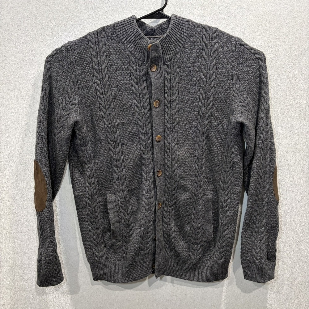 Jos A Bank Reserve Cardigan Sweater Mens XL Cable Knit Elbow Patches Pocket